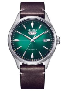 Citizen Automatik Herren Armbanduhr aus Edelstahl und Leder in der Farbe Silber-Braun-Gr&uuml;n 40mm, Wasserdichtigkeit: 5Bar, NH8390-03XC
