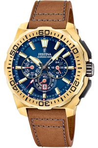 Festina F20728/1 Herren-Chronograph mit Lederband Goldfarben/Blau