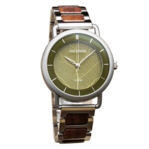 Holzkern Herrenuhr Solar Lauri Walnuss/Blatt Gr&uuml;n
